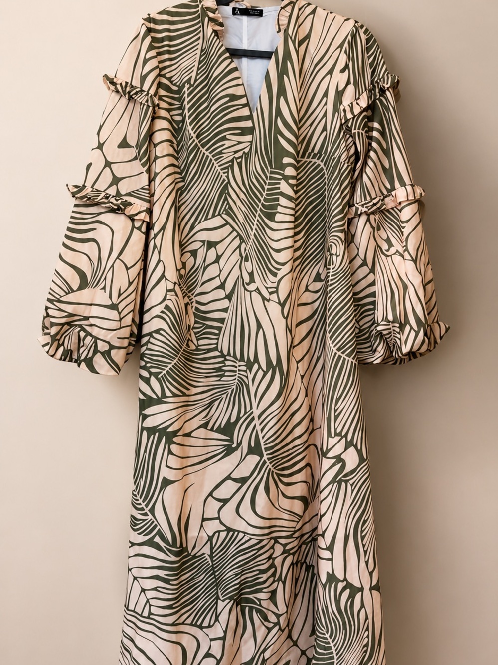 Palm-Print V-Neck Midi Dress in Blush & Olive